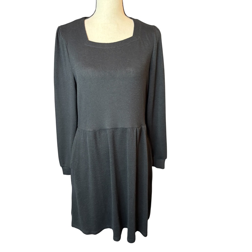Fantaslook Womens Black Square Neck Long Sleeve Empire Waist Pocket Dress Large